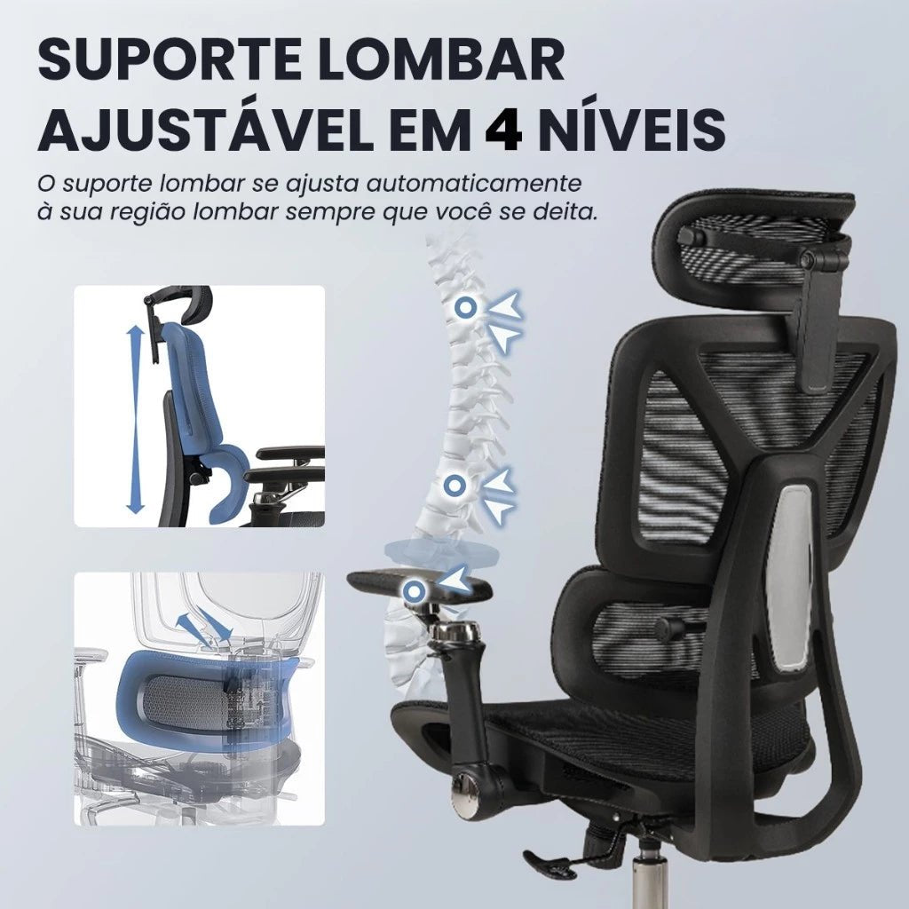 Cadeira Escritório Ergonômica, Suporte Lombar, Mesh, 6D, Até 150kg - Imagem 5
