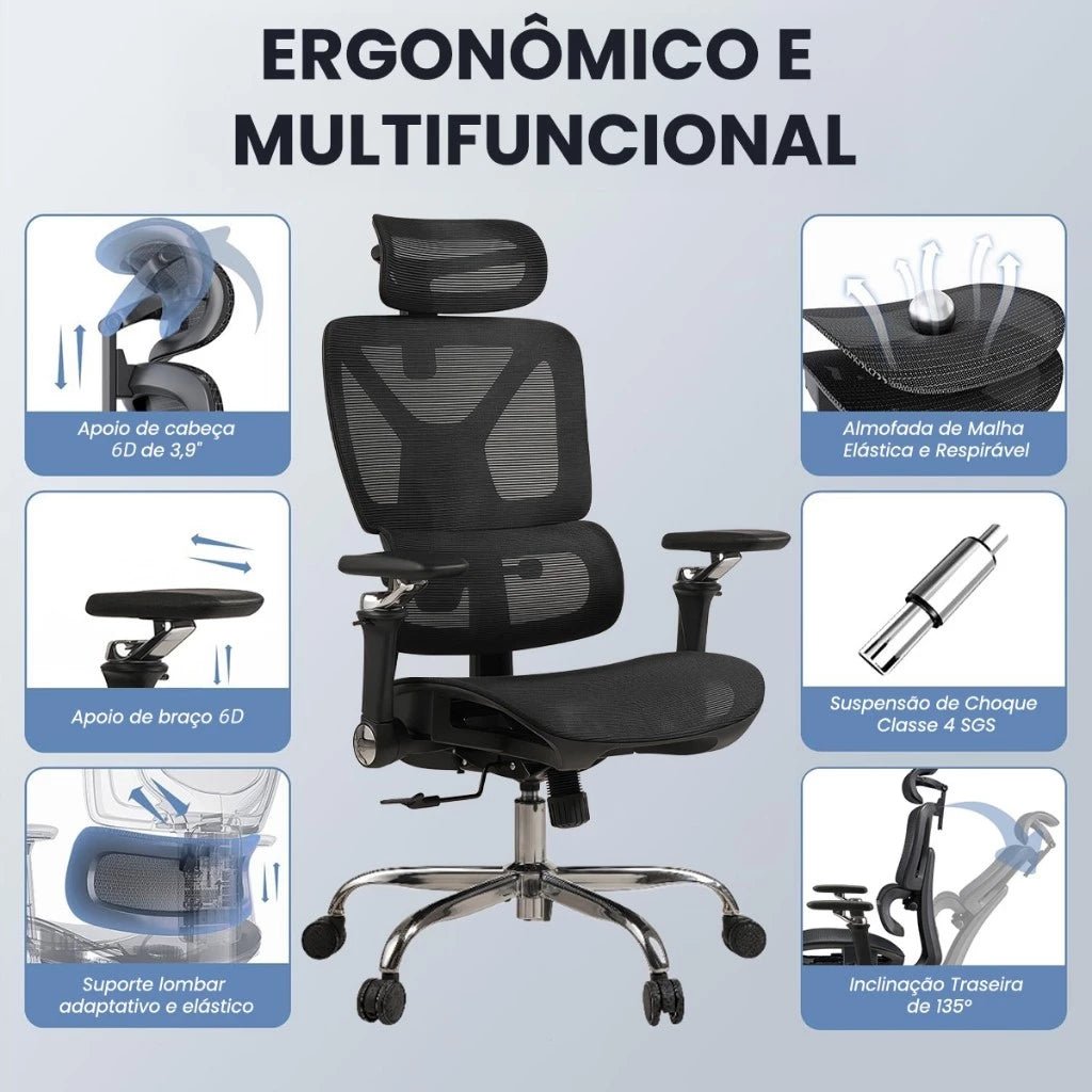 Cadeira Escritório Ergonômica, Suporte Lombar, Mesh, 6D, Até 150kg - Imagem 2