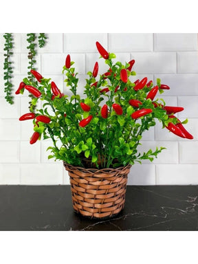 Arranjo de Pimenta Artificial Vermelha em Vaso de Palha