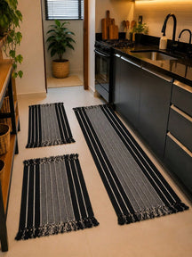 Kit Tapete de Cozinha 3 Peças Passadeira Preto Listrado Algodão
