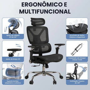 Cadeira Escritório Ergonômica, Suporte Lombar, Mesh, 6D, Até 150kg
